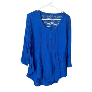 New Directions Weekend Royal Blue Lace Back Pintuck Blouse Small 3/4 Sleeve Top